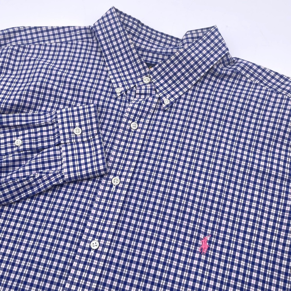 Ralph Lauren Mens 2XLT Tall Blue Gingham Check Cotton Button Down Shirt Pony